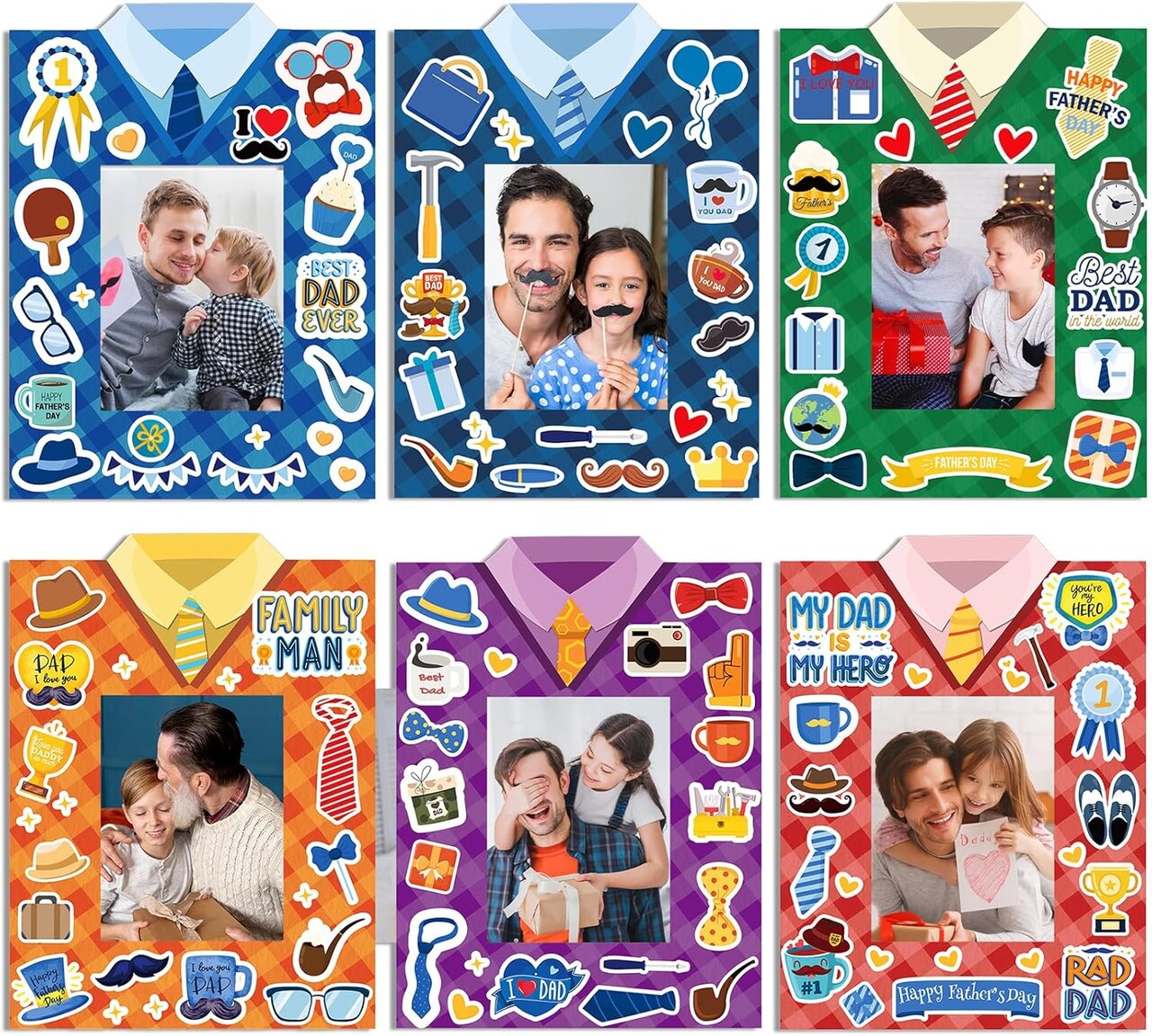 Father's Day DIY Craft Kits for Kids 24 Packs DIY Father's Day Shirt Photo Frames Set with Stickers Paper Picture Frames Happy Father's Day Gifts Craft for Art Class Activities Party Decor